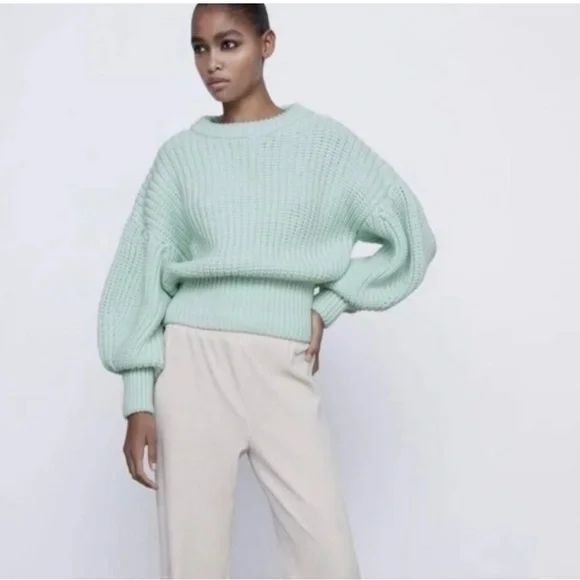 Zara Purl Knit balloon sleeve sweater  Green - Picture 8 of 10